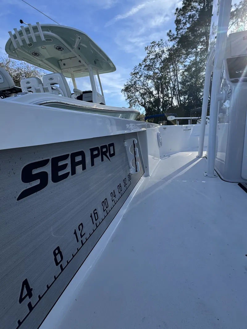 Slide: The Image of Sea Pro Bay 250 boat, 2025 model, on calm water. - 30