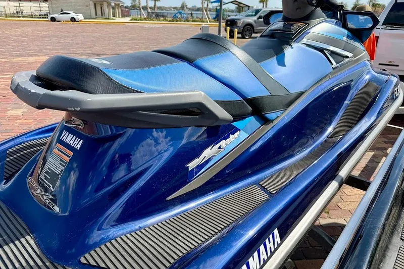 Slide: The Image of 2019 Yamaha WaveRunner VX Deluxe in blue, parked on a trailer. - 21