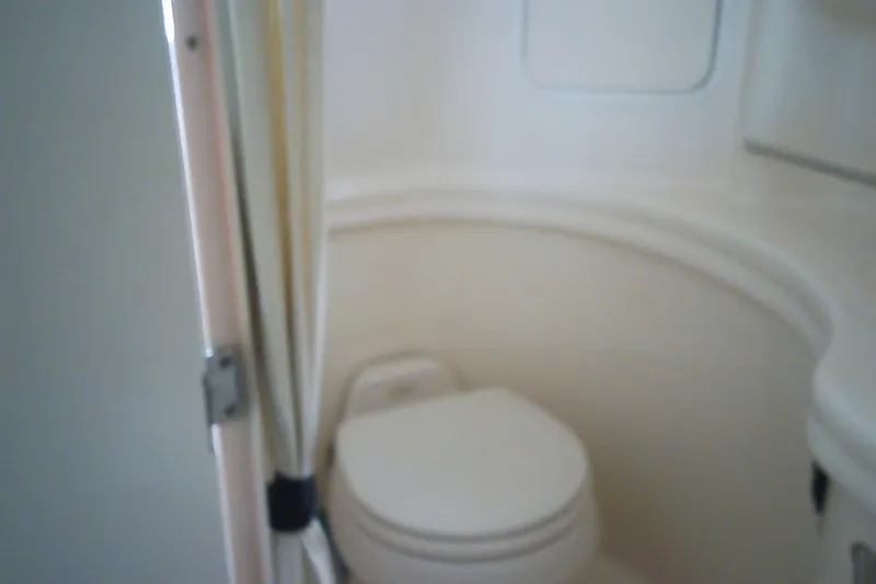 Slide: The Image of 2005 Sea Ray 300 Sundancer bathroom interior with toilet and shower curtain. - 28