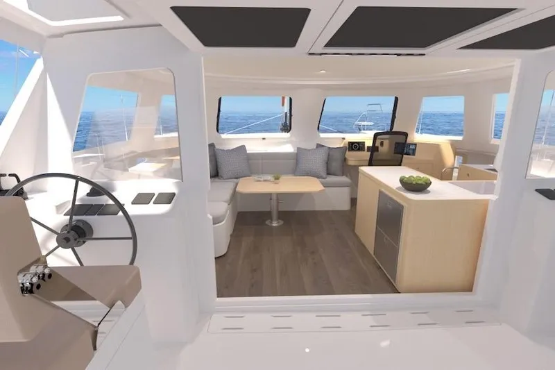 Slide: The Image of Interior of 2026 Seawind 1270 catamaran, featuring modern design and ocean view. - 12
