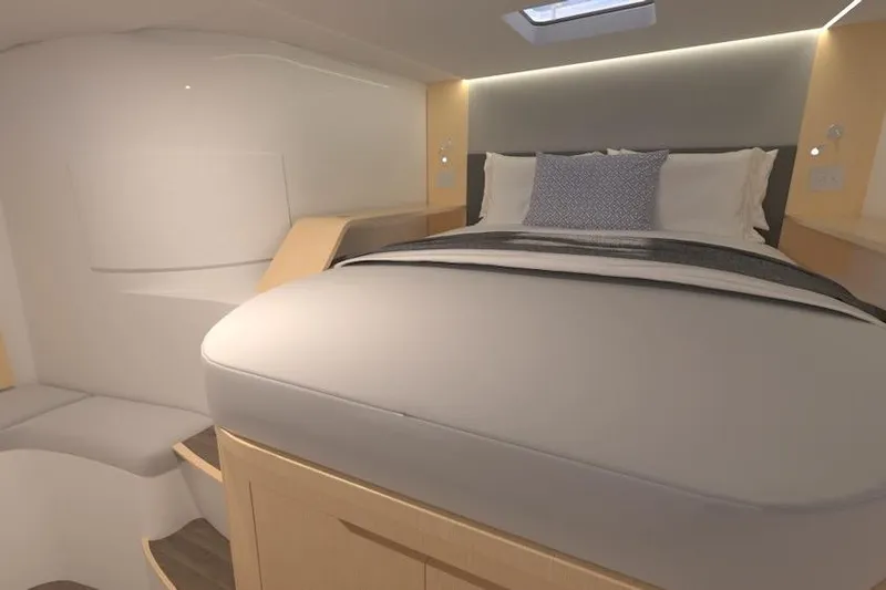 Slide: The Image of Luxurious interior cabin of 2026 Seawind 1270 yacht with modern bedding and ambient lighting. - 19