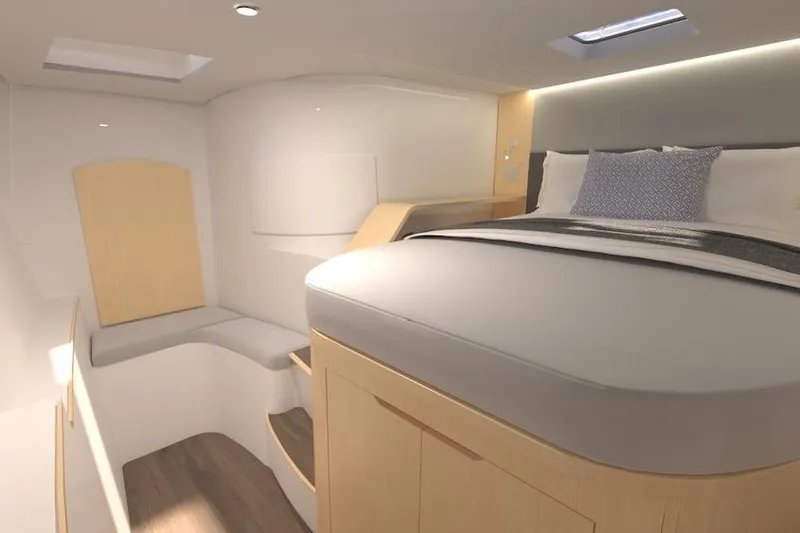 Slide: The Image of Luxurious interior of 2026 Seawind 1270 yacht cabin with modern bedding and seating. - 20