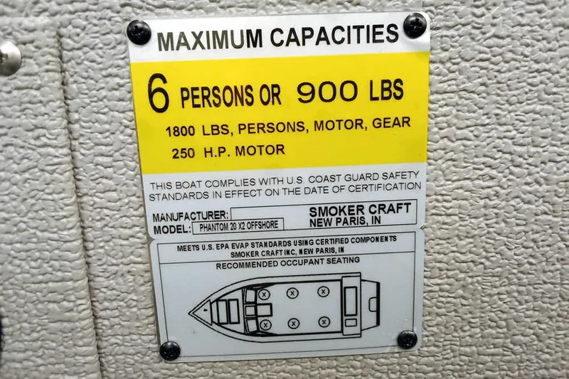 Slide: The Image of 2026 Smoker Craft Phantom 20 X2 Offshore capacity label, 6 persons or 900 lbs. - 19