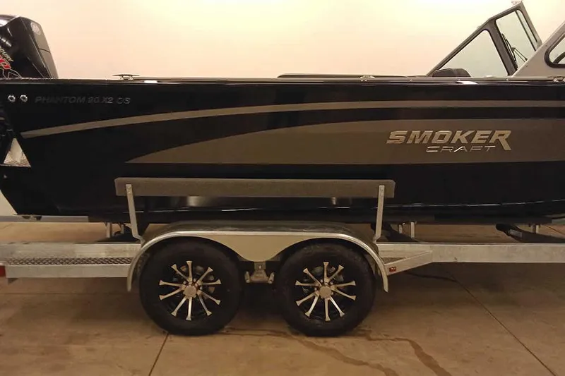 Slide: The Image of 2026 Smoker Craft Phantom 20 X2 Offshore boat on trailer, side view. - 5