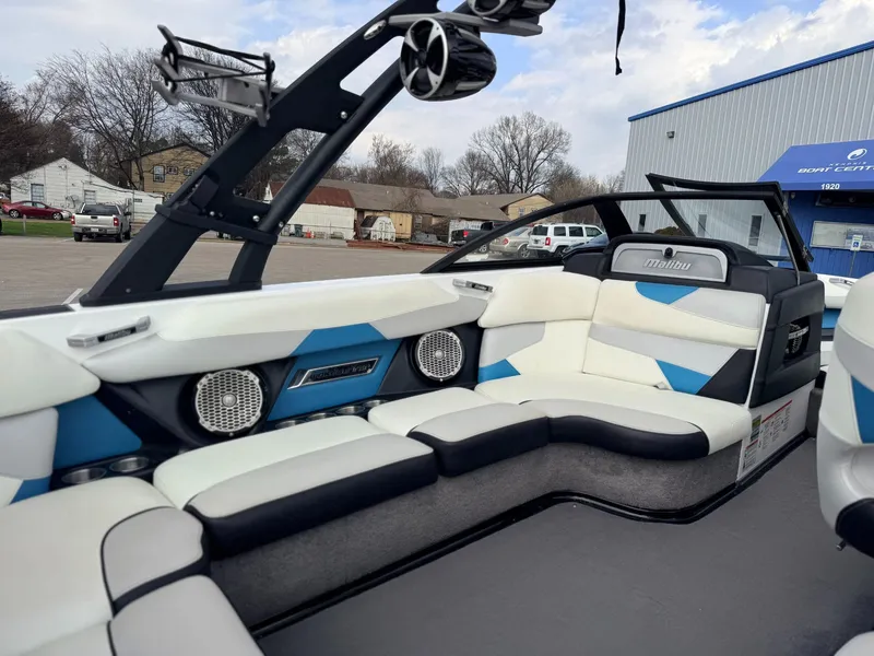 Slide: The Image of Interior of a 2016 Malibu Wakesetter 22 VLX boat with modern seating. - 10
