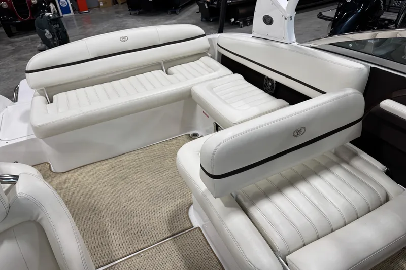Slide: The Image of Luxurious interior of a 2015 Cobalt R5 boat with white leather seating. - 12