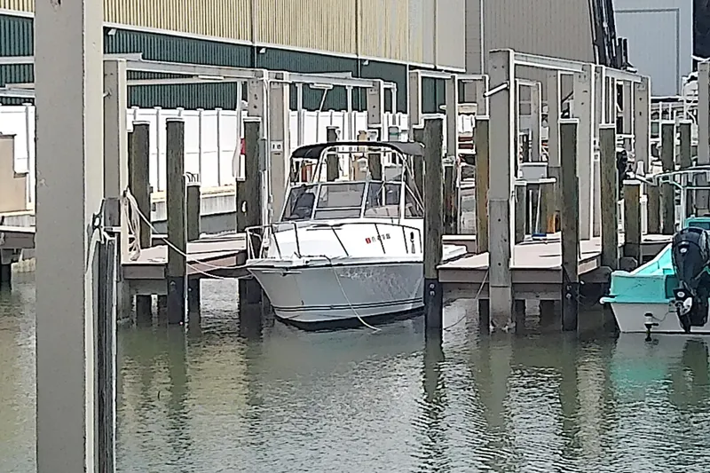 Slide: The Image of 1996 Shamrock 260 Express boat docked in a marina. - 1