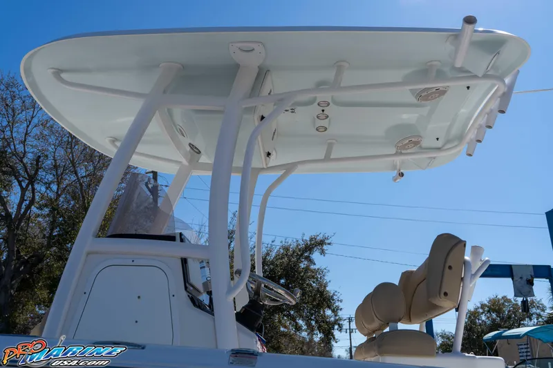 Slide: The Image of 2017 Sea Hunt Ultra 235 SE boat with T-top and seating, viewed from below. - 18