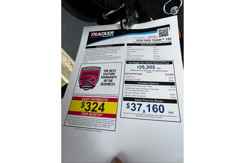 Slide: The Image of 2026 Tracker Pro Team 195 pricing sheet with warranty and payment details. - 61