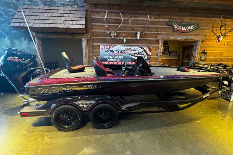 Slide: The Image of 2026 Nitro Z21 XL Pro boat displayed indoors with rustic decor and mounted antlers. - 1