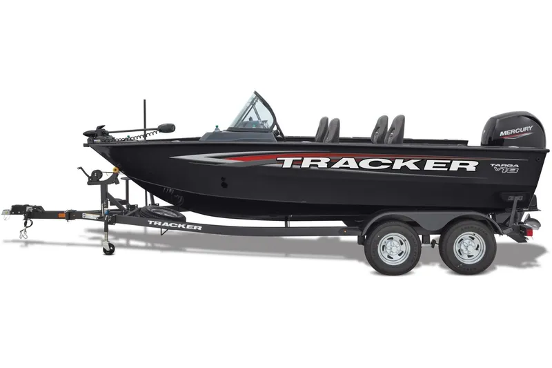 Slide: The Image of 2026 Tracker Targa V-18 WT boat in vibrant red on a trailer. - 11