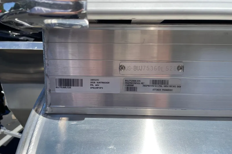 Slide: The Image of 2026 Sun Tracker Party Barge 22 RF XP3 identification plate with serial numbers. - 101