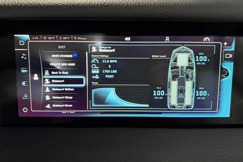 Slide: The Image of 2026 Nautique Super Air Nautique GS20 touchscreen displaying wakesurf settings and ballast layout. - 19