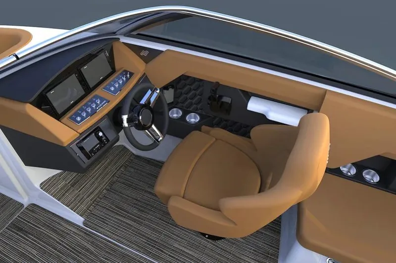 Slide: The Image of 2026 Four Winns H4 boat interior with modern dashboard and tan seating. - 3