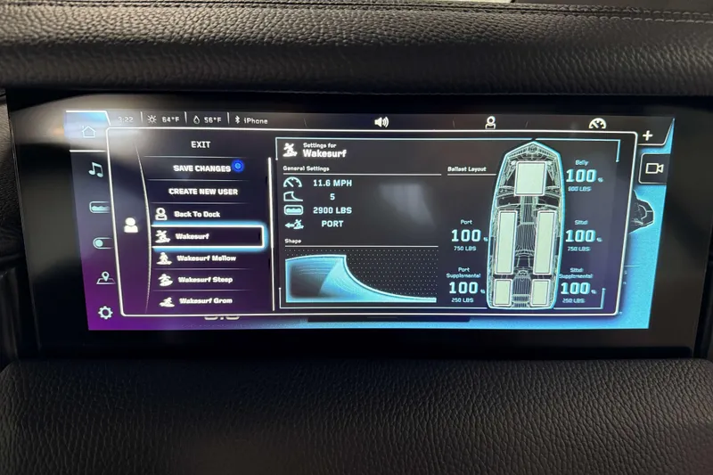 Slide: The Image of Touchscreen display of 2026 Nautique Super Air Nautique GS22 showing wakesurf settings and ballast layout. - 20
