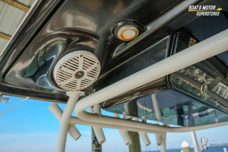Slide: The Image of 2018 Key West Billistic 351 Center Console boat speaker and light detail. - 105