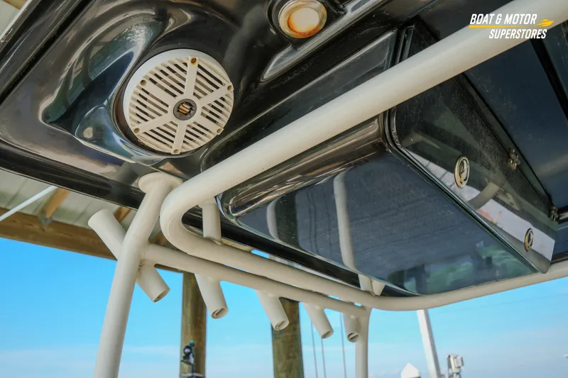 Slide: The Image of 2018 Key West Billistic 351 Center Console boat speaker and rod holders. - 106