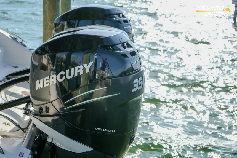 Slide: The Image of 2018 Key West Billistic 351 Center Console with Mercury Verado engines on water. - 180