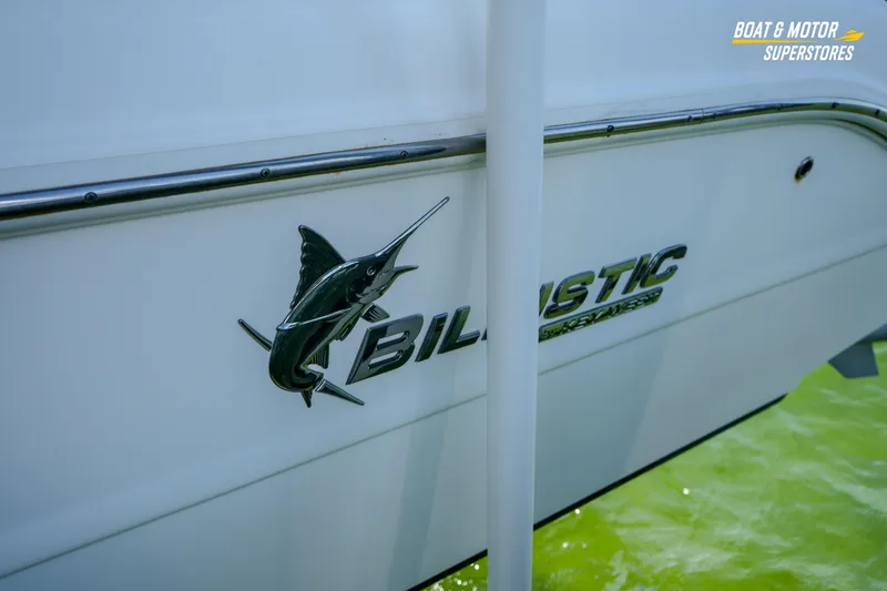 Slide: The Image of 2018 Key West Billistic 351 Center Console boat with marlin logo on the side. - 39