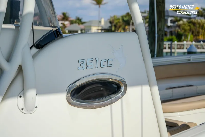 Slide: The Image of 2018 Key West Billistic 351 Center Console boat detail with logo and seating. - 57