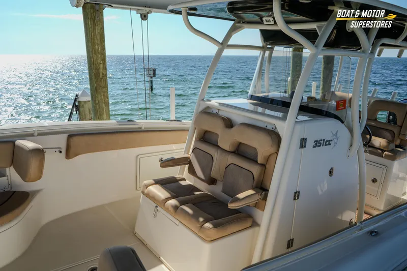 Slide: The Image of 2018 Key West Billistic 351 Center Console boat interior with ocean view. - 77