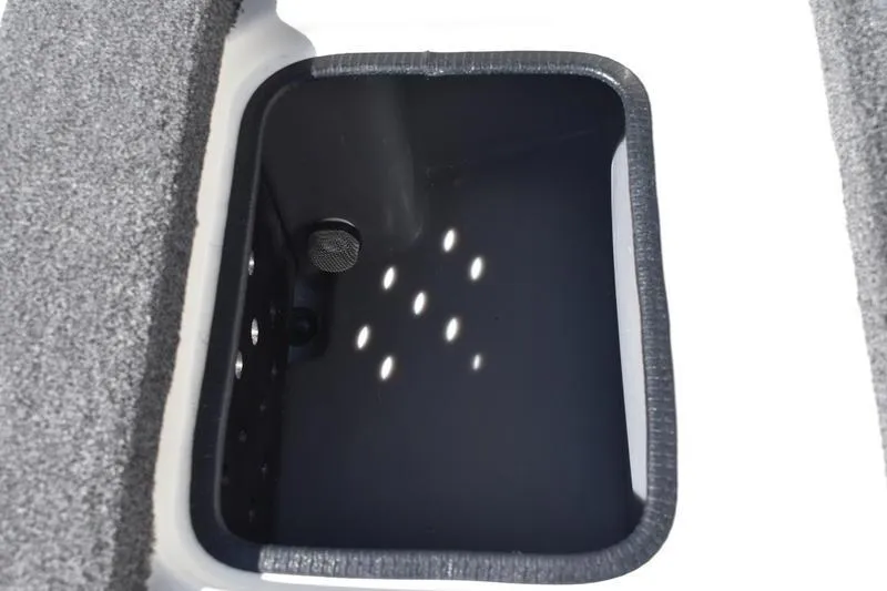 Slide: The Image of Livewell compartment in 2026 Lowe Skorpion SS boat, featuring carpeted edges and drainage holes. - 13