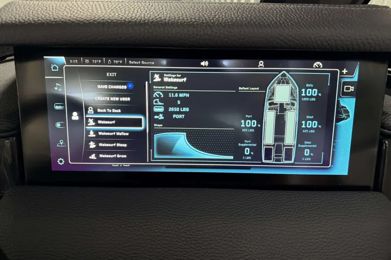 Slide: The Image of 2026 Nautique Super Air Nautique S23 touchscreen displaying wakesurf settings and ballast layout. - 19