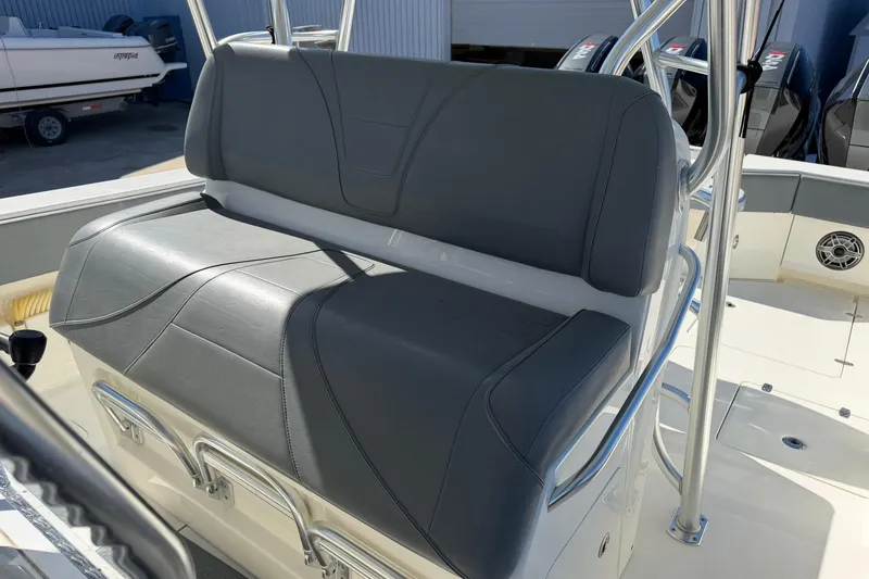 Slide: The Image of 2021 SeaVee 390Z boat with gray cushioned seating and stainless steel frame. - 21