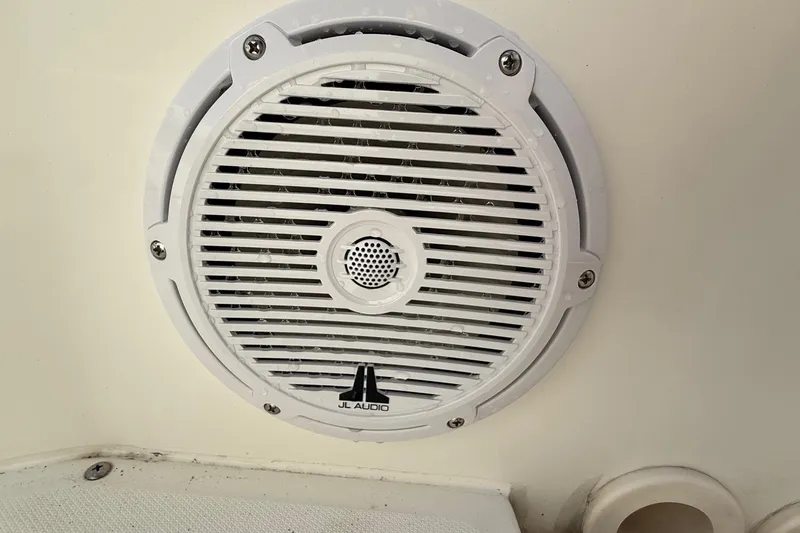 Slide: The Image of JL Audio speaker on 2008 Boston Whaler 210 Outrage boat, close-up view. - 18
