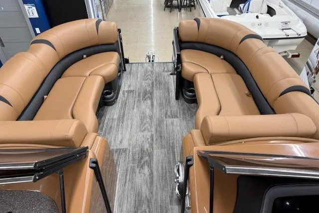Slide: The Image of Luxurious interior of 2023 Avalon Catalina 2585 QL pontoon boat with tan seating. - 35