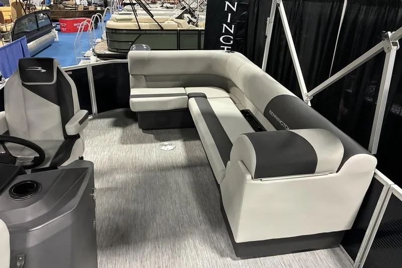 Slide: The Image of 2025 Bennington S L-Bench 20 SL pontoon boat interior with sleek seating and modern design. - 5