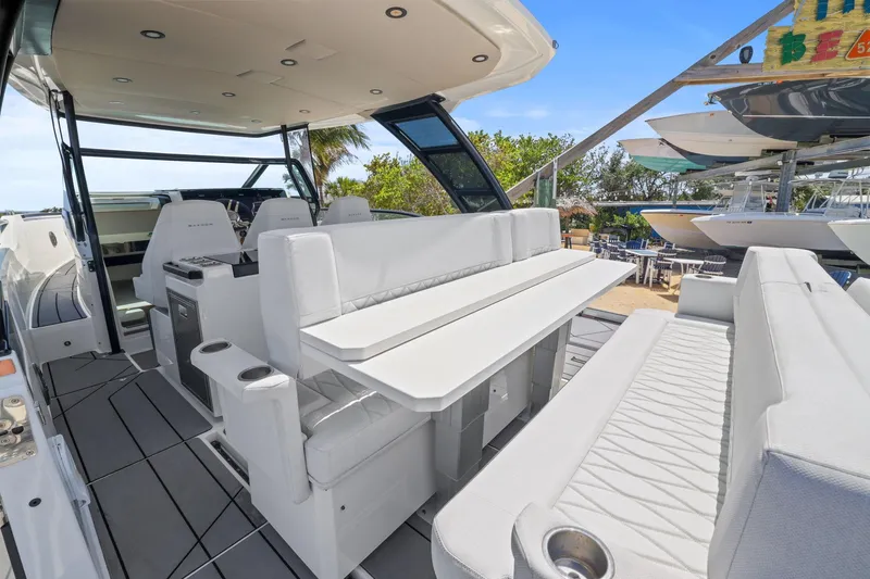 Slide: The Image of 2025 Saxdor 320 GTO luxury boat interior with sleek seating and modern design. - 20