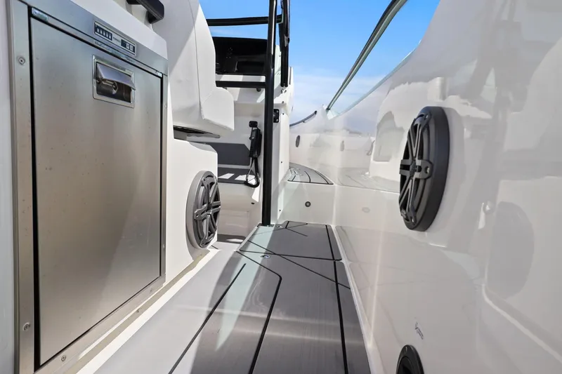 Slide: The Image of 2025 Saxdor 320 GTO boat interior with sleek design and modern amenities. - 27