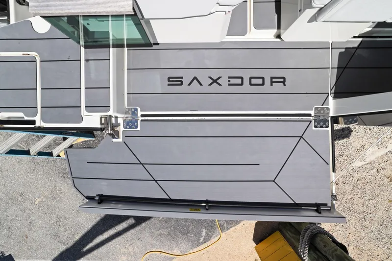 Slide: The Image of 2025 Saxdor 320 GTO boat deck, featuring sleek design and modern materials. - 46