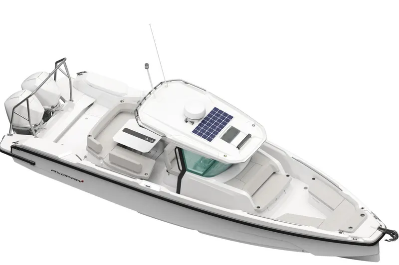 Slide: The Image of 2026 Axopar 29 CCX boat with dual engines and solar panel on the roof. - 28