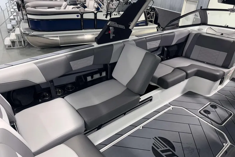 Slide: The Image of 2022 Malibu Wakesetter 25 LSV interior with gray seating and modern design. - 10
