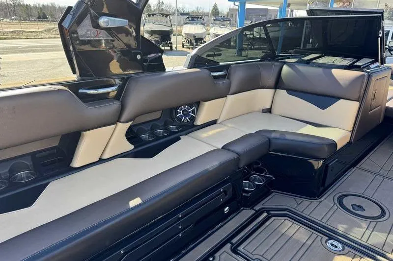 Slide: The Image of 2021 Moomba Makai boat interior with luxurious seating and modern design. - 8