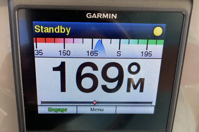 Slide: The Image of Garmin marine display showing 169° heading on Pursuit S 288 Sport, 2019 model. - 44