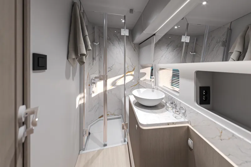 Slide: The Image of Luxurious bathroom interior of 2026 Beneteau Gran Turismo 50 yacht with modern fixtures. - 12