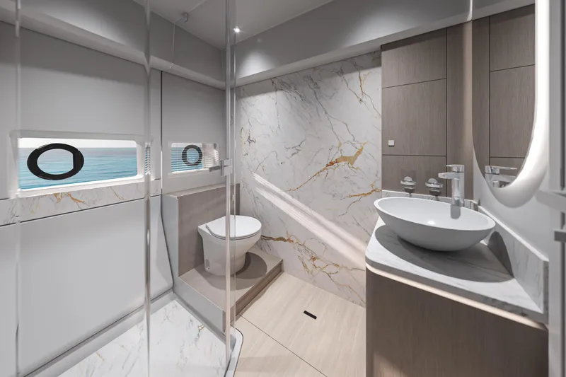 Slide: The Image of Luxurious bathroom in 2026 Beneteau Gran Turismo 50 yacht with marble accents and modern fixtures. - 13