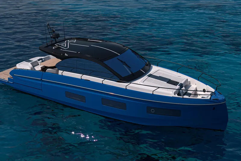 Slide: The Image of 2026 Beneteau Gran Turismo 50 yacht on clear blue water, showcasing sleek design. - 19