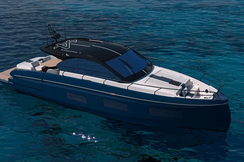 Slide: The Image of 2026 Beneteau Gran Turismo 50 yacht on clear blue water, sleek design, luxury features. - 21
