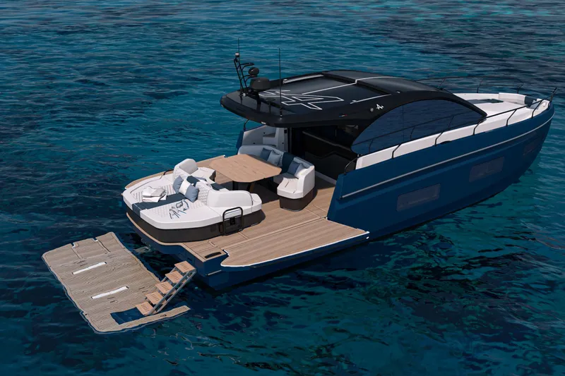 Slide: The Image of 2026 Beneteau Gran Turismo 50 yacht on serene blue water, featuring luxurious deck seating. - 22