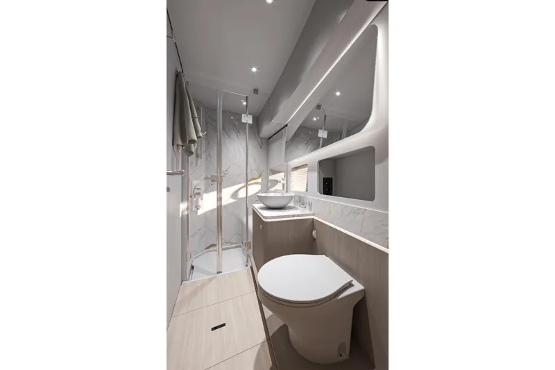 Slide: The Image of Luxurious bathroom in 2026 Beneteau Gran Turismo 50 yacht with modern fixtures and elegant design. - 9