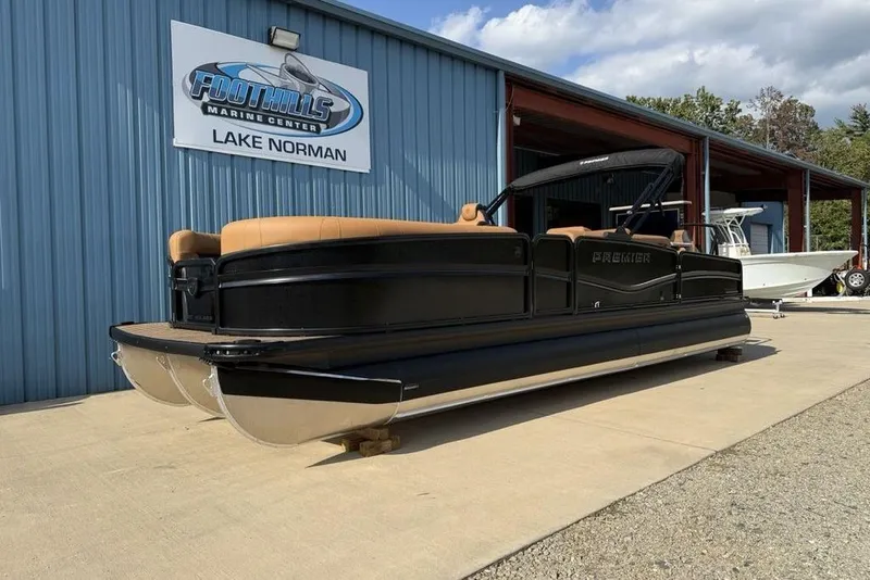 Slide: The Image of 2026 Premier 250 Solaris RF-CL pontoon boat at Foothills Marine Center, Lake Norman. - 2