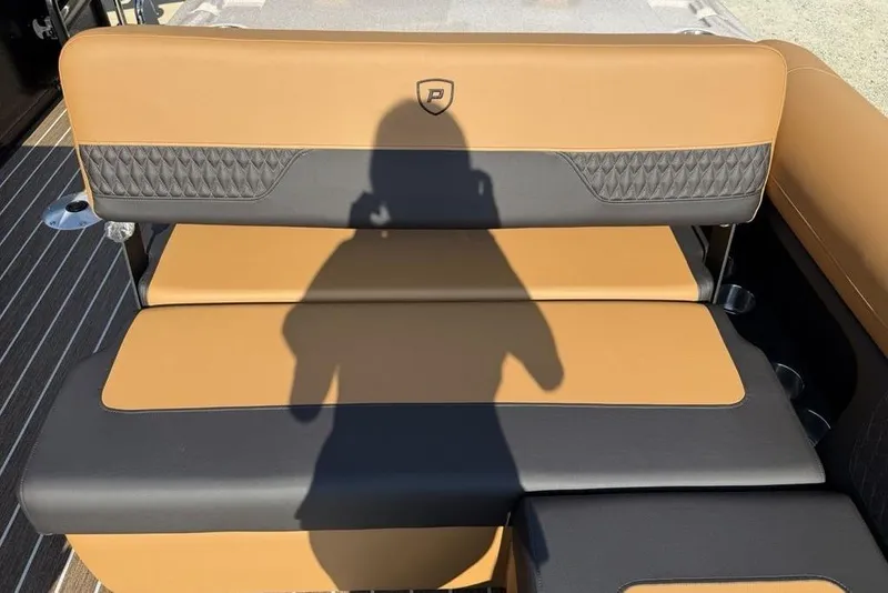 Slide: The Image of 2026 Premier 250 Solaris RF-CL boat seat with tan and black upholstery, shadow visible. - 32