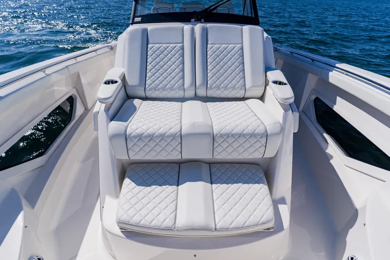 Slide: The Image of Luxurious seating on 2022 Pursuit S 378 Sport boat with quilted upholstery. - 14