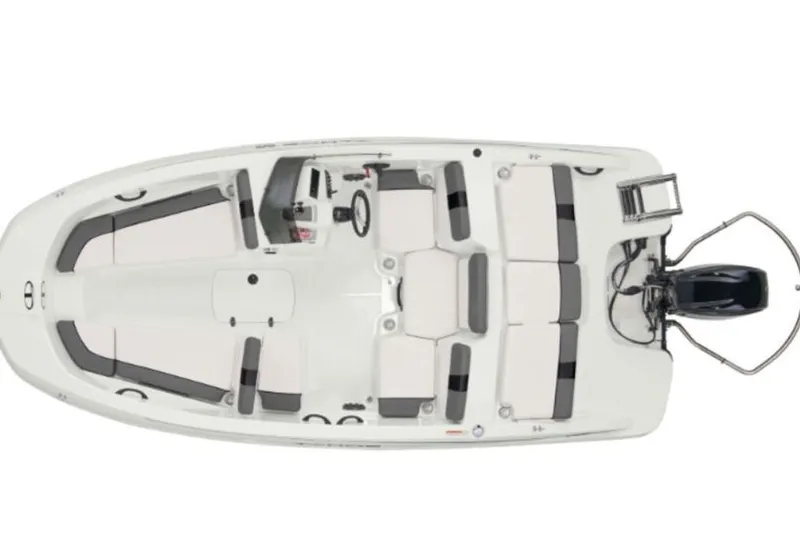 Slide: The Image of 2026 Tahoe T16 boat interior, top view, showcasing seating and steering layout. - 3