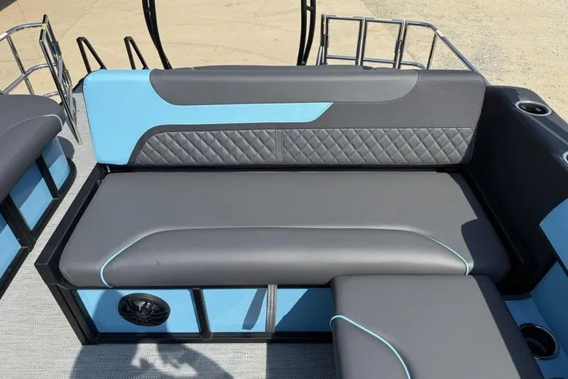 Slide: The Image of 2026 Godfrey Sweetwater 2286 SFL boat seating with blue and gray upholstery. - 23