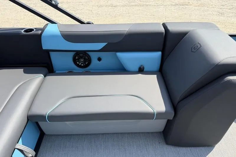 Slide: The Image of 2026 Godfrey Sweetwater 2286 SFL boat interior with gray and blue seating. - 25